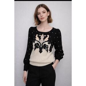 Vintage Nannell Black Knit Sweater Sequin Appliqué Long Sleeve Women Size Small